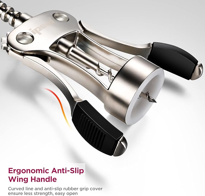 IPOW Wine Opener, Zinc Alloy Wine Bottle Opener, Wing Corkscrew Heavy Duty, Manual Multifunctional Cork Screw for Waiter, Satin Nickel - Image 3