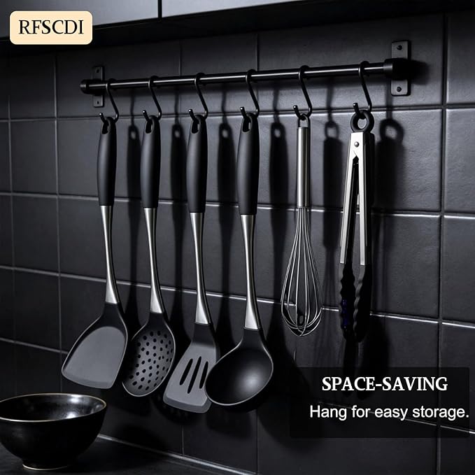 Premium Black Silicone Cooking Utensils Set - Non-Toxic, Heat Resistant& Non-Stick Kitchen Utensils Set with Spatula, Spoon, Whisk, Tongs, BPA Free, Dishwasher Safe, Black - Image 9