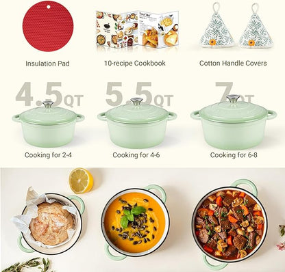 Overmont Enameled Cast Iron Dutch Oven - 5.5QT Pot with Lid Cookbook & Cotton Potholders - Heavy-Duty Cookware for Braising, Stews, Roasting, Sourdough Baking Verdant - Image 7