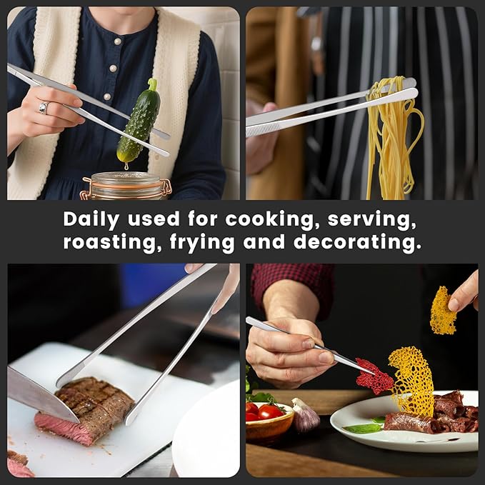 HOTEC Kitchen Tweezers Tongs Stainless Steel Professional Chef Tweezers, Set of 3-6.3", 10" and 12inch Food Tongs for Cooking, Repairing, Dessert, BBQ, Meat, Pasta - Image 5