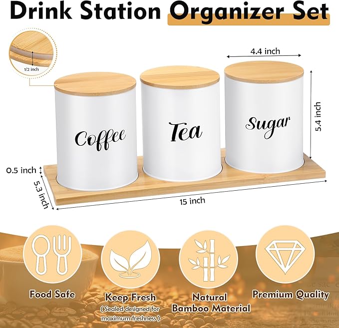 Reallnaive Coffee Tea Sugar Container Set with Tray, Set of 3 Airtight Metal Canister with Bamboo Lids, Farmhouse Kitchen Counter Organizer for Coffee Bar and Drink Station (White)
