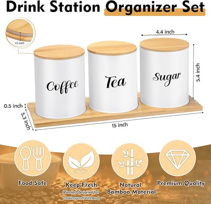 Reallnaive Coffee Tea Sugar Container Set with Tray, Set of 3 Airtight Metal Canister with Bamboo Lids, Farmhouse Kitchen Counter Organizer for Coffee Bar and Drink Station (White)