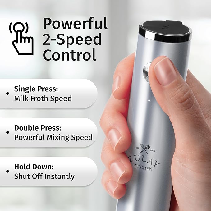 Zulay Kitchen Rechargeable Milk Frother Handheld Lux - Powerful 2-Speed Motor, Waterproof, 2000mAh Battery - Drink Mixer for Latte, Cappuccino, Matcha & Protein Powder - Pure Silver - Image 4