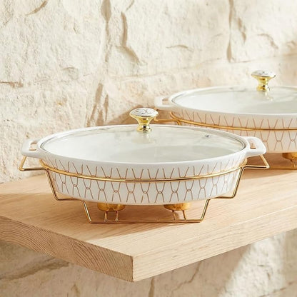 12" x 8" Ceramic Oval Casserole Dish with Glass Lid and rack, 54 ounce Serving Soup Tureen,Chafing Dish for Buffet, Family Food preserve Tray, Catering Casserole for Party Style, White