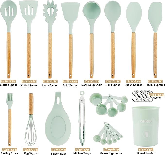 QMVESS Silicone Kitchen Utensils Set, 35 Pcs Non-Stick Cooking Utensils Set, Sturdy Insulation Wooden Handle Kitchen Accessories for Cooking with Spatula Set and Spoons Set Gadgets (Light Green) - Image 7