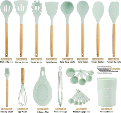 QMVESS Silicone Kitchen Utensils Set, 35 Pcs Non-Stick Cooking Utensils Set, Sturdy Insulation Wooden Handle Kitchen Accessories for Cooking with Spatula Set and Spoons Set Gadgets (Light Green) - Image 7