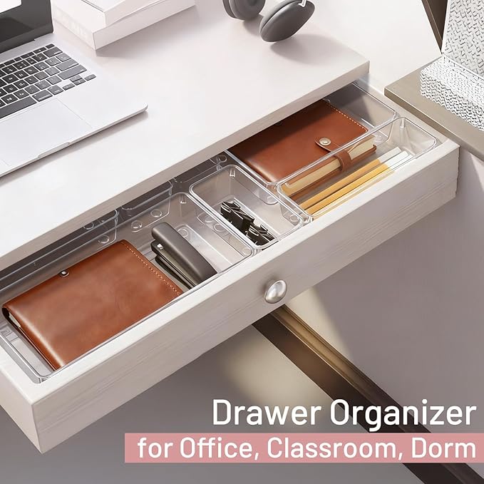 12 Pack Large Drawer Organizer Bins - Clear Plastic Bathroom Drawer Organizer Trays - Heavy Duty Kitchen Drawer Dividers for Utensils - Non-Slip Storage Bins for Makeup, Bedroom, Office Desk - Image 7