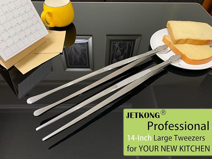 JETKONG 2 Pcs 14-Inch Food Tweezers Stainless Steel Tweezer Tongs Extra-Long Cooking Tweezers (Silver) - Image 4