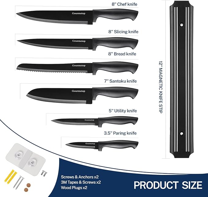 Gourmetop Kitchen Knife Set with No Drilling Magnetic Strip for Kitchen Black Titanium Small Cooking Knives, Sharp Stainless Steel Chef Knife Set for Cutting Meat & Vegetable - Image 5