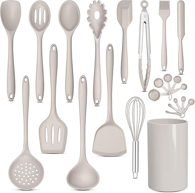 E-far Silicone Cooking Utensils Set, 24Pcs Heat Resistant Kitchen Utensil with Holder, Silicone Kitchen Tools with Spatula Turner Spoon Tongs Whisk, Non-Toxic & Dishwasher Safe (Khaki) by E-far