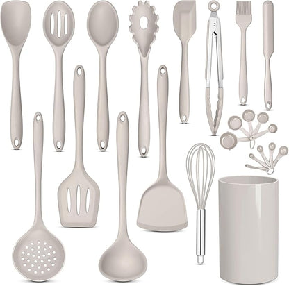 E-far Silicone Cooking Utensils Set, 24Pcs Heat Resistant Kitchen Utensil with Holder, Silicone Kitchen Tools with Spatula Turner Spoon Tongs Whisk, Non-Toxic & Dishwasher Safe (Khaki) by E-far