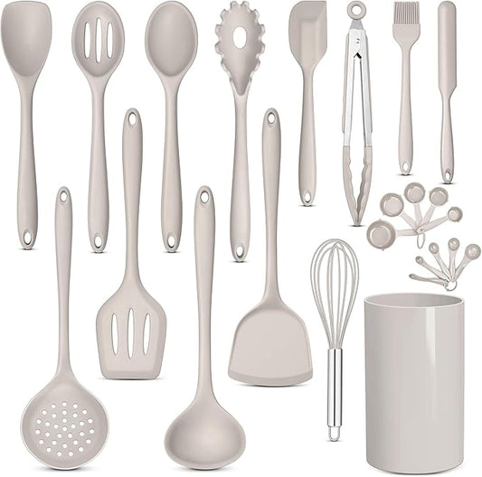 E-far Silicone Cooking Utensils Set, 24Pcs Heat Resistant Kitchen Utensil with Holder, Silicone Kitchen Tools with Spatula Turner Spoon Tongs Whisk, Non-Toxic & Dishwasher Safe (Khaki) by E-far