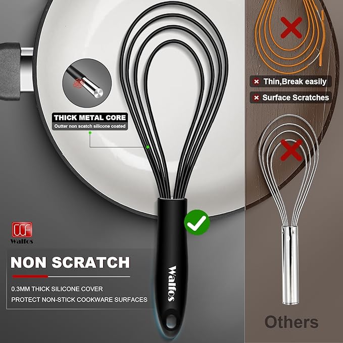 Walfos Silicone Flat Whisk,11inch Flat Whisk Non Scratch Coated Flat Whisks for Cooking.Great for Ceramic Coated pans and Wider shallower pots.Black - Image 2