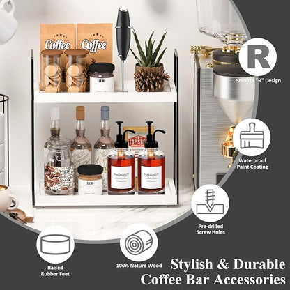 Countertop Coffee Station Organizer, 2 Tier Large Coffee Bar Organizer for Accessories Storage, Stable Metal Wooden Shelf Syrups Holder Condiments Rack - Image 6
