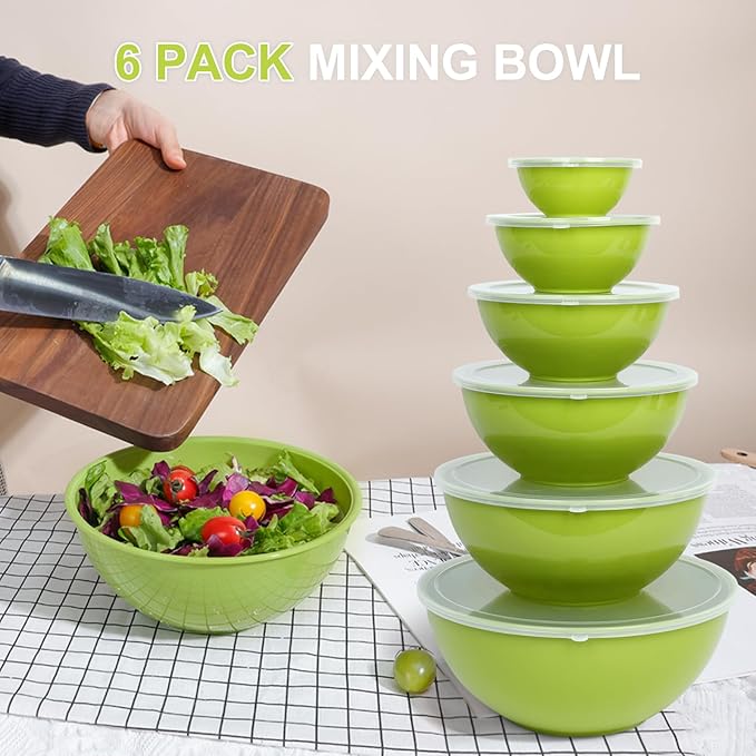BoxedHome BPA Free Plastic Round Mixing Bowl with Lids, 12 Pack Nesting Bowls with Lids Set, Microwave and Dishwasher Safe Prep & Serving Bowls Great for Mixing, Baking, Serving (Light Green, 12pcs) - Image 4