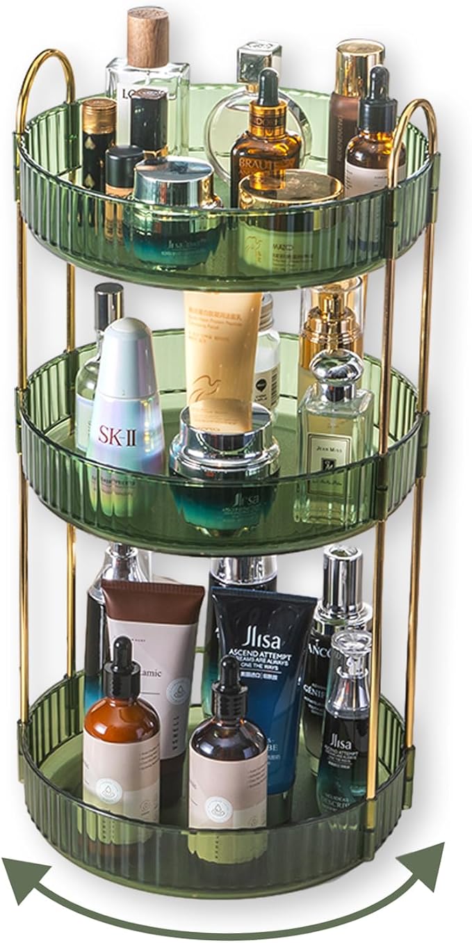 Asayuee 360 Rotating Perfume Organizer,3 Tier Large Capacity Make Up Organizers and Storage,Makeup Organizer for Bathroom,Cosmetic Perfume Stand Holder (Green-3 Tier) by Asayuee