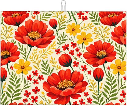 Watercolor Flower Dish Drying Mat For Kitchen Counter Absorbent Large Kitchen Fast Dry Pad Reusable Washable Protector Rack Large Mat 18 X 24