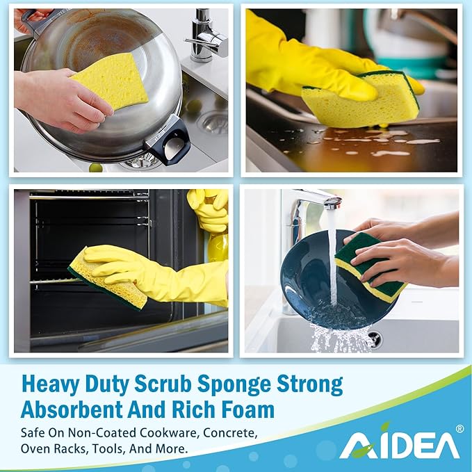 AIDEA Sponges Kitchen, Heavy Duty Scrub Sponge-24Count, Sponges for Dishes, Cellulose Dish Sponge, Scrubbing Power for Tough Messes, Cleaning Power for Non-Coated Cookware, Dishes, Pots, Pans - Image 6