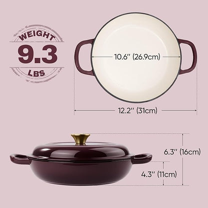 Vintage Style 3 Quart Enameled Cast Iron Braiser, Non Stick Enameled Cast Iron Skillet with Lid, Dutch Oven Skillet with lid up to 500°F for Oven, Stove, Grill, Shallow Dutch Oven for Cook, Bake (Fig) - Image 3