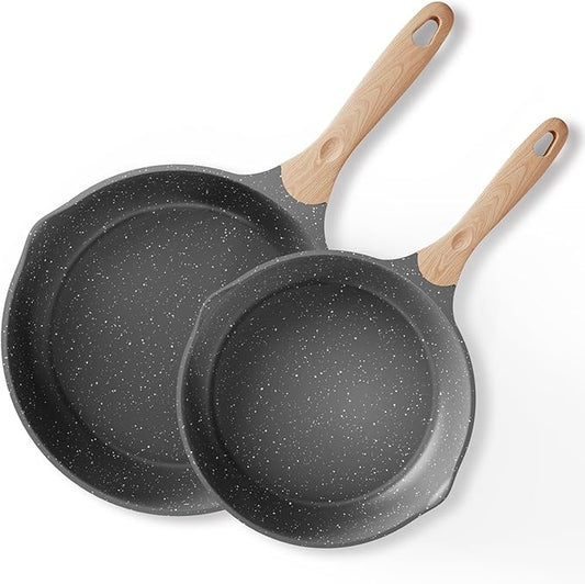 JEETEE Nonstick Frying Pans Set, Skillets Set 2 Pcs, 8" 10" Granite Non-Stick Frying pan, Nonstick Omelette Skillet with Soft Touch Handle, Grey by JEETEE