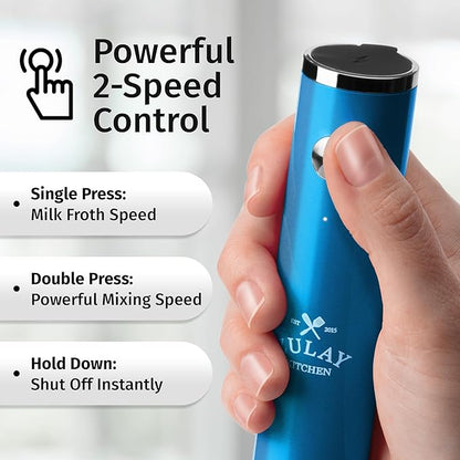 Zulay Kitchen Rechargeable Milk Frother Handheld Lux - Powerful 2-Speed Motor, Waterproof, 2000mAh Battery - Drink Mixer for Latte, Cappuccino, Matcha & Protein Powder - Metallic Blue - Image 4