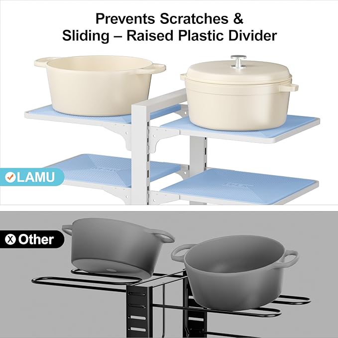 LAMU Pots and Pans Organizer under Cabinet, 8 Tier Heavy Duty Pan Organizers inside Cabinet, Adjustable Pot Rack for Small Kitchen Storage, 15" Height Holds Cast Iron Pans and Skillets White - Image 2