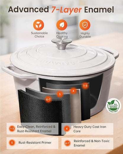 Nuwave 6QT Healthy Enameled Cast Iron Dutch Oven Pot with Lid, Heavy Duty 7-Layer Enamel, Enhanced Rust Protection, Dual Handles, Oven Safe to 500°F for Sourdough Bread Baking, Braise, Stew, Roast