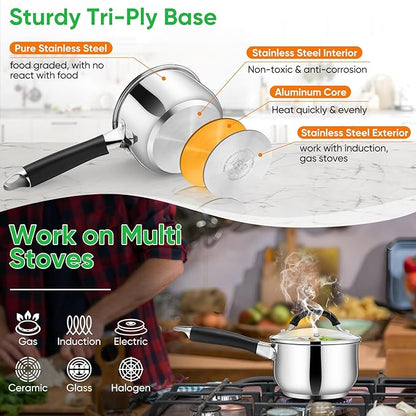 P&P CHEF 1 Quart Sauce Pan with Lid, Stainless Steel Saucepan, Small Milk Pot for Multipurpose Cooking, Visible Glass Lid & Stay-cool Silicone Handle & Tri-Ply Base, For All Stoves & Dishwasher Use