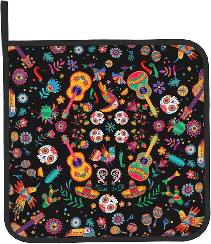 Mexican Oven Mitt Potholders Sets - Mexico Kitchen Mitts and Pot Holders Set of 2 Floral Skull Oven Gloves Hot Pads for Cooking Baking Grilling - Image 9