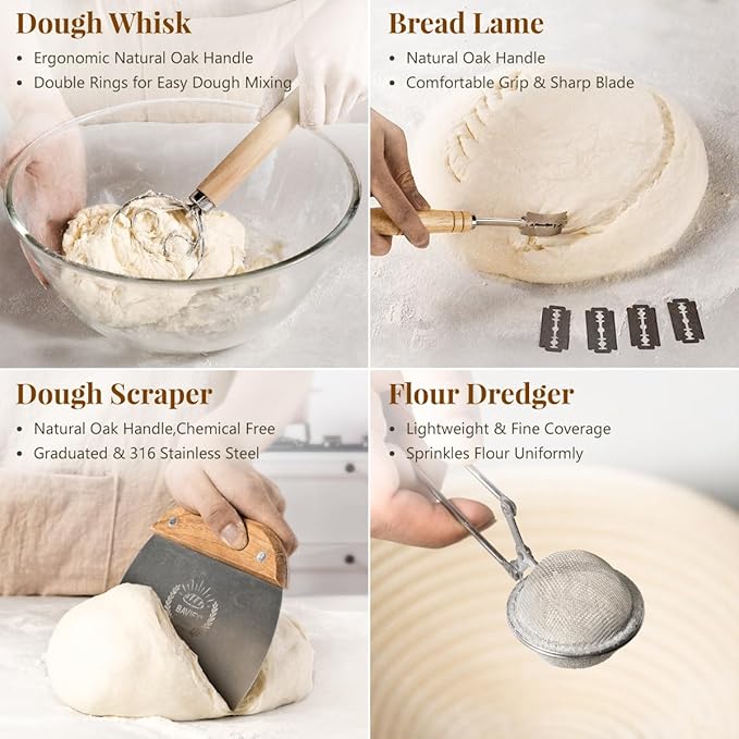 Sourdough Starter Kit, Banneton Bread Proofing Baskets Set, Sourdough Bread Baking Supplies Making Tools with Dough Scraper, Whisk, Bread Lame, Recipe - Image 4