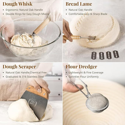 Sourdough Starter Kit, Banneton Bread Proofing Baskets Set, Sourdough Bread Baking Supplies Making Tools with Dough Scraper, Whisk, Bread Lame, Recipe - Image 4