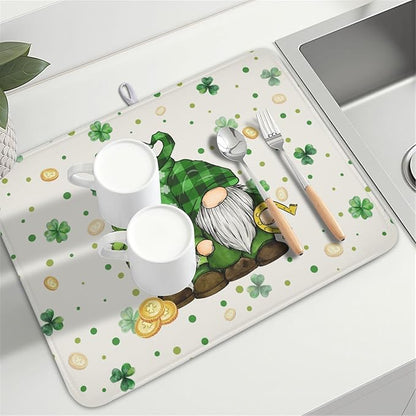 St Patrick's Day Gnome Dish Drying Mat for Kitchen Counter,Inch Lucky Shamrock Gold Coin Drying Mat 18 x 24 Inch with Absorbent Reversible Microfiber Dish Drying Pad for Coffee Bar - Image 8