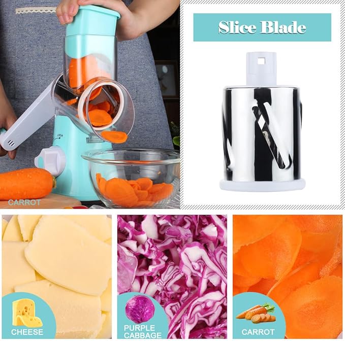 Ourokhome Rotary Cheese Grater Hand Crank, Kitchen Shredder Speed Mandolin Slicer Nut Grinder with Handle and Drum Blades for Cheese, Vegetable, Walnut, Chocolate, Potato, Carrot, 3 Blades, Blue - Image 3