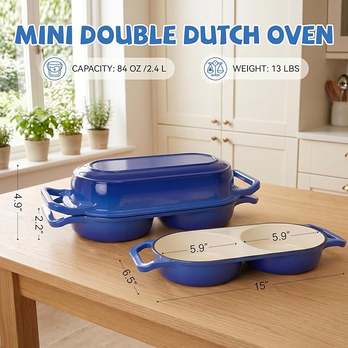 Double Dutch Oven Pot with Lid, Enameled Cast Iron Bread Loaf Pan, Dutch Oven For Sourdough Bread Baking, 500°F Oven Safe Non Stick Dual Round Bread Pan, 16.5cm Diameter Loaf Pans, Blue