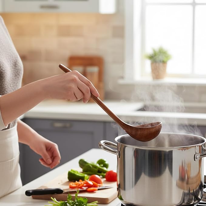 Wooden Ladle for Soup, Non-Stick Wooden Spoon Set, 3 Size Wood Ladle Spoon with Back Hooks for Deep Pot, Natural Wood Kitchen Utensils Set for Serving, Stirring