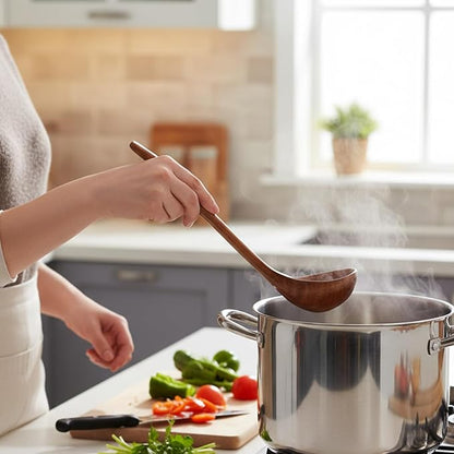 Wooden Ladle for Soup, Non-Stick Wooden Spoon Set, 3 Size Wood Ladle Spoon with Back Hooks for Deep Pot, Natural Wood Kitchen Utensils Set for Serving, Stirring