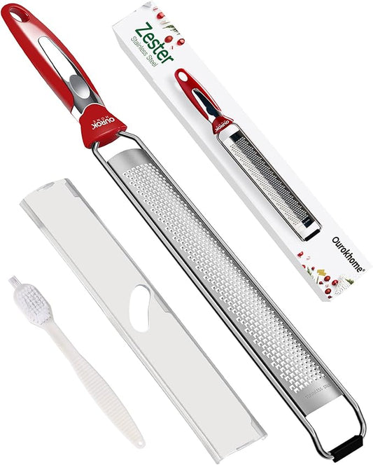 Ourokhome Kitchen Lemon Zester, Stainless Steel Hand Held Parmesan Cheese Grater for Ginger, Chocolate, Coconut, Lime, Nutmeg, Citrus, Fruit, Vegetable with Cleaning Brush, Dishwasher safe, Red by Ourokhome