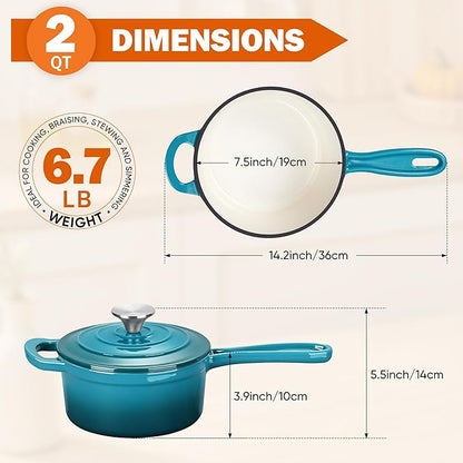 Homikit Cast Iron Sauce Pan, 2 Quart Enameled Cast Iron Saucepan with Lid for All Cooktops, Small Pot Dutch Oven for Kitchen Cooking, Boiling, Nonstick & Heavy Duty, Teal Ombre