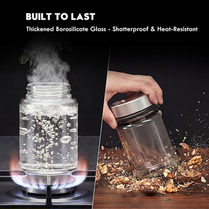 Shatterproof Glass Salt and Pepper Shakers Set Leak & Moisture Proof - 4 Adjustable Holes Precision Control - 5oz Borosilicate Glass Sugar & Spice Jars with Stainless Lid, Wide-Mouth, Dishwasher Safe
