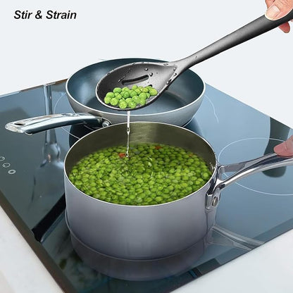 Silicone Spoons for Cooking - Kitchen Spoons for Mixing, Serving, & Stirring - 600°F Heat-Resistant Non Stick Utensils Ladle & Skimmer- Dishwasher Safe, Black,10.3IN