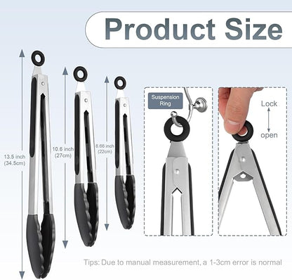 Premium Stainless Steel Heat Resistant Kitchen Tongs for cooking,set of 7"+9"+12" (Black),Non Scratch Silicone cooking Tong Tip for Cooking Pans,Strong Grip BBQ tongs for Grabbing Hot Food - Image 2
