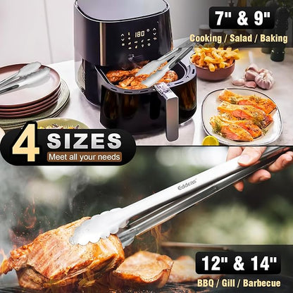 EDDEAS Tongs For Cooking - Heat Resistant 600 Degrees Metal Kitchen Tongs, Heavy Duty Stainless Steel Tongs - Perfect for Food, BBQ Set of 4, 7-9-12 &14 inch Grey - Image 2