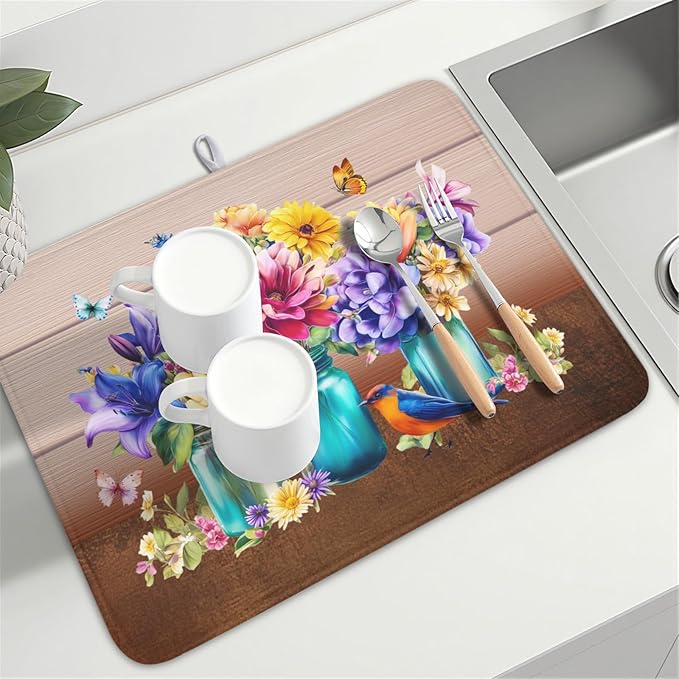Spring Colorful Flowers Dish Drying Mat for Kitchen Counter,Vintage Plants Mason Jar Butterflies Drying Mat 18 x 24 Inch with Absorbent Reversible Microfiber Dish Drying Pad for Coffee Bar - Image 8