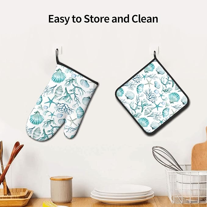Nautical Oven Mitts and Pot Holders Sets Coastal Kitchen Mitts Potholders 2PCS Summer Starfish Seashell Coral Beach Oven Gloves Hot Pads for BBQ Grilling - Image 6