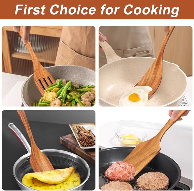9 Pcs Wooden Spoons for Cooking Utensils with Utensil Holder Teak Wood Kitchen Utensils Set Flat Wooden Spatula Cooking Mixing Spoons Spaghetti Spoon Slotted Turner Scraper Spatula Large Utensils - Image 3