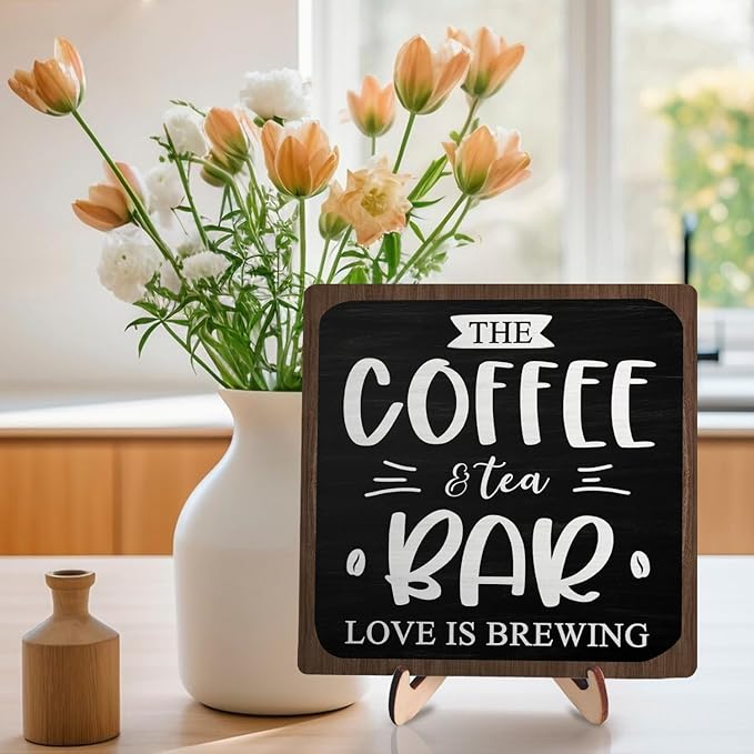 Coffee Bar Decor Sign, Rustic Wooden Plaque for Coffee Lovers, Farmhouse Shelf Accent, Gift for Espresso Fans, Kitchen or Café Desk Display, 5.9 x 5.9Inch(Black+Brown) - Image 5
