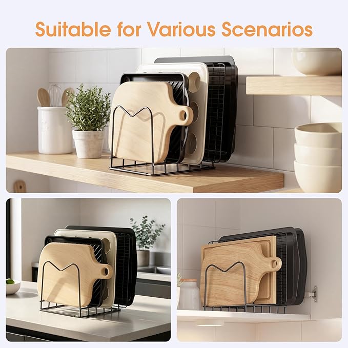 ORDORA Cutting Board Holder Stand Rack Organizer for Cabinet, 5mm Wire Storage Rack for Countertop, Baking Cookie Sheet Pan Organizer inside Cabinet, Chopping Board Holder for Pots, Lids and Skillets - Image 6