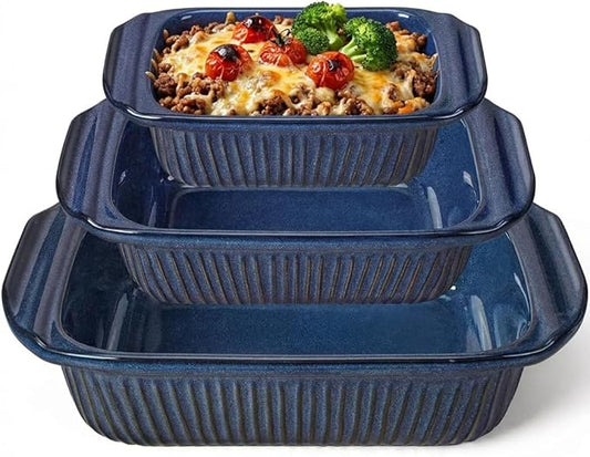Artena Casserole Dishes For Oven, Ceramic Baking Dish, Large Lasagna Pan With Handles, Baking Pan Casserole Dish, Rectangular Bakeware Deep, Set Of 3 (5.1Qt/2.3Qt/1.1Qt) (Blue - Only Baking Dish) by Artena