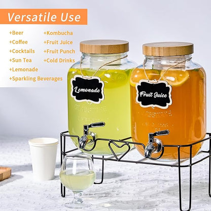 2 Pack1Gallon Glass Drink Dispenser with Stand&Bamboo Lids&Fruit Infuser,304 Stainless Steel Leak-Proof Spigot,Beverage Dispenser for Parties,Water Sangria Juice Sun Tea Lemonade(Natural)