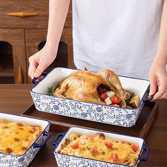 Ceramic Bakeware Set - Casserole Dish Baking Dishes for Oven - Rectangular Lasagna Pans with Handles for Kitchen Cooking - Microwave & Dishwasher Safe - Set of 3 (15.1''/13.6''/9.9'') - Blue - Image 2